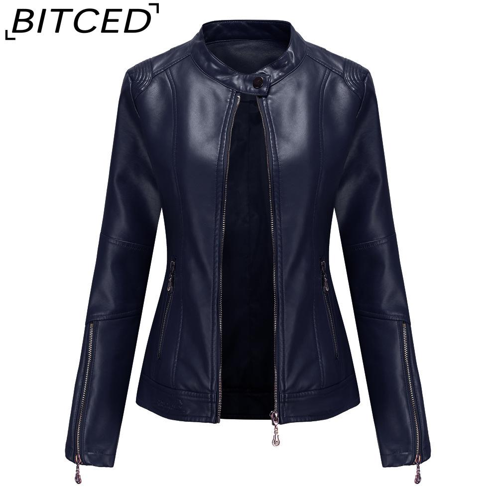 BITCED Fashion Women's PU Leather Short Jacket with Stand Collar Lightweight Spring/Autumn Leather Jacket