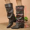 Autumn new belt buckle pleated stacking boots women's pointed retro rivet large size high heel boots