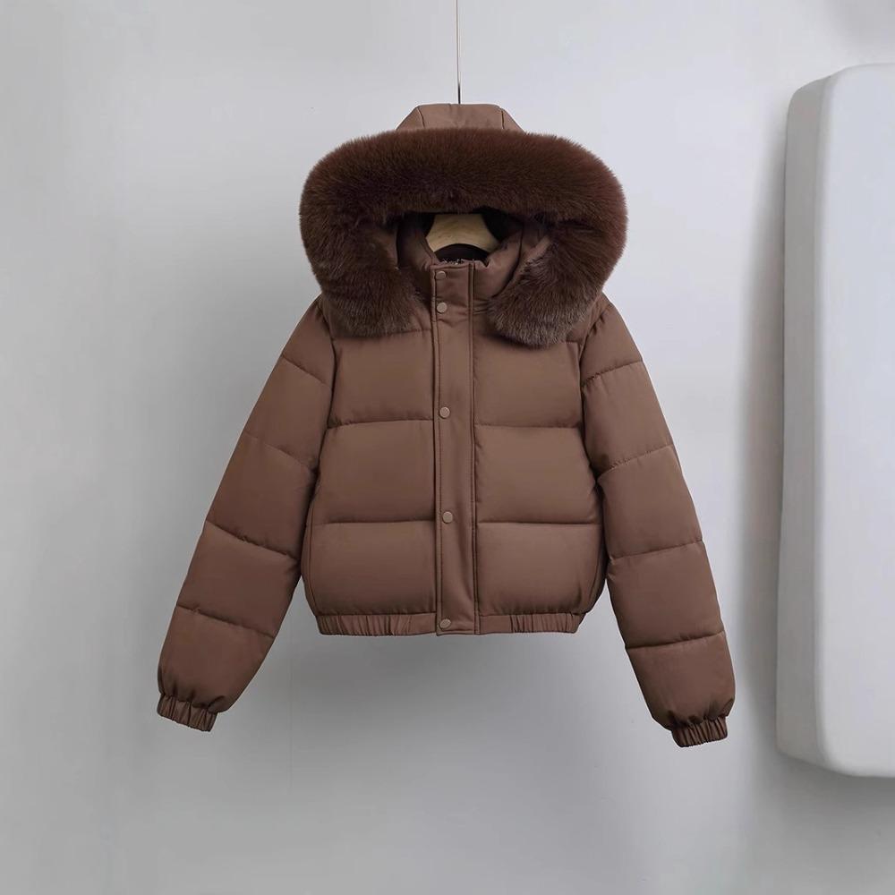Women's Hooded Faux Fur Collar Long Sleeve Puffer Jacket Loose Fit Short Winter Coat