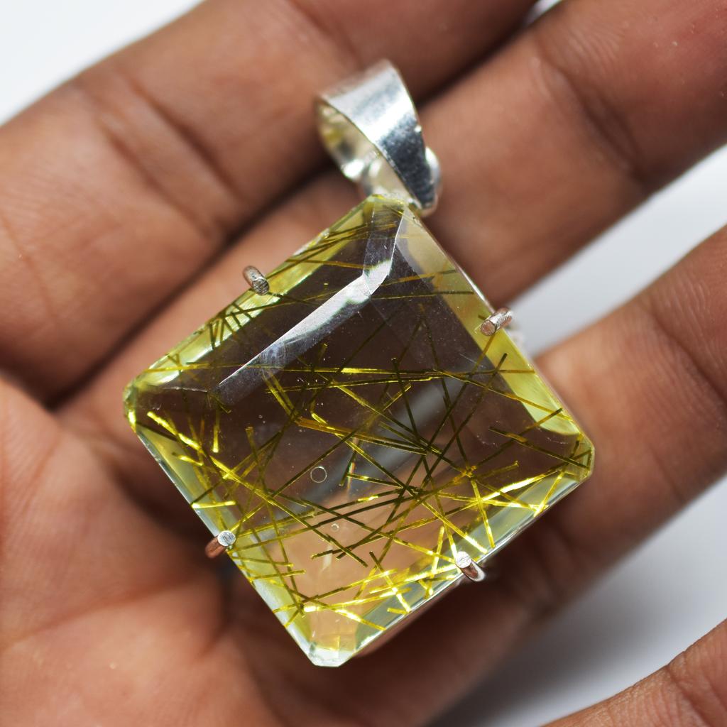 Natural Sterling 925 Silver Yellow Topaz Pendant Square 84.60 Ct Gems CERTIFIED my-346-k