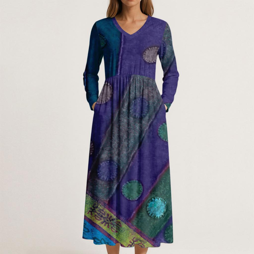 Kadınlar İçin Elbise Uzun Boho Plaj Elbisesi Zarif Maksi Elbise V Yaka Uzun Kollu Cepli Elbise