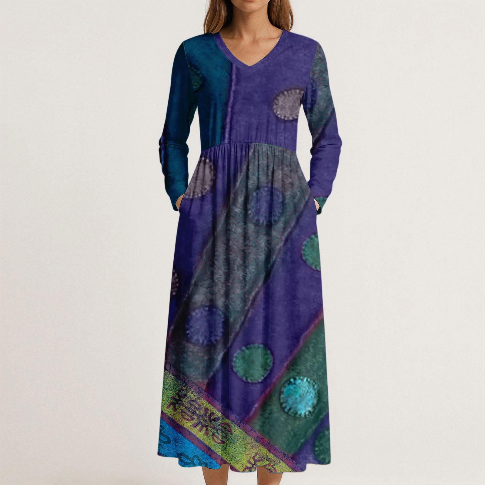 

Платье для женщин длинное бохо пляжное платье элегантное макси-платье V-образный вырез длинный рукав платье с карманами XXL синий