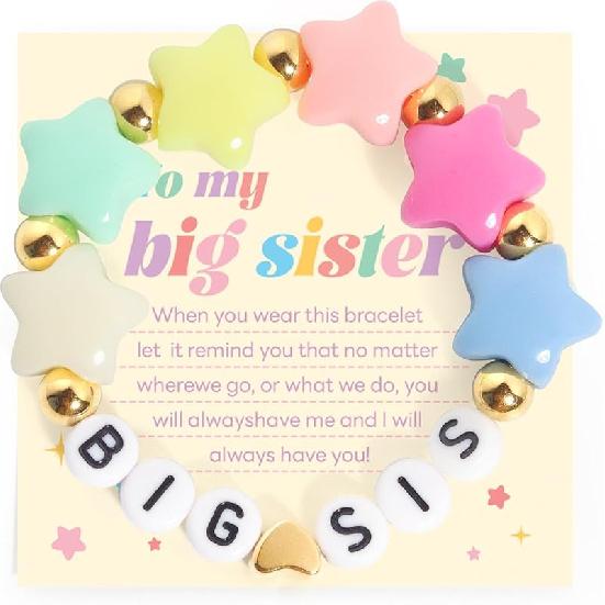 Big Sister Bracelets, Heart Charm Beads Stackable Bracelet Surfer Stretch Accessories Jewelry Gift for Big Sis
