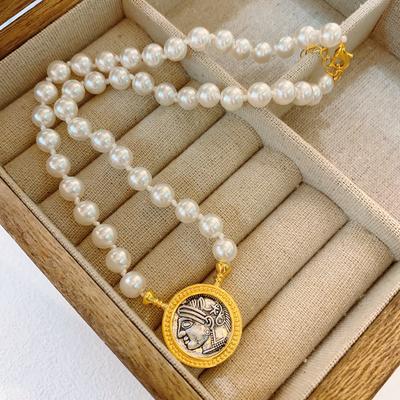 Ancient Coin Series Victory Muse Knotted Pearl Adjustable Necklace Women'S Neck Chain French Retro Versatile Double-Sided Wearable