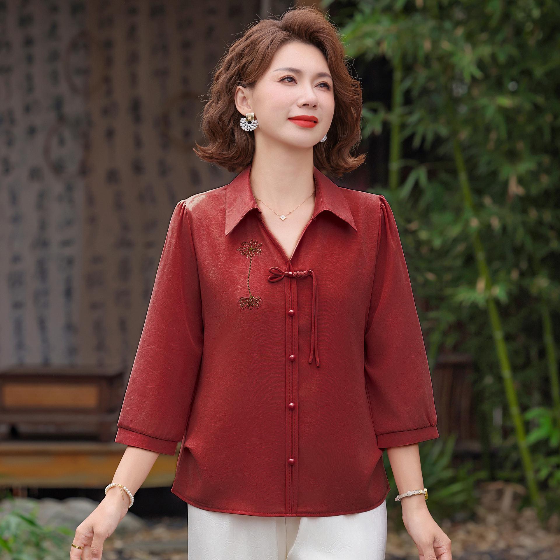 

Stylish Spring/Summer Chinese-Style Top for Middle-Aged Women: Seven-Sleeve Blouse 3XL [For 120-135 lbs]