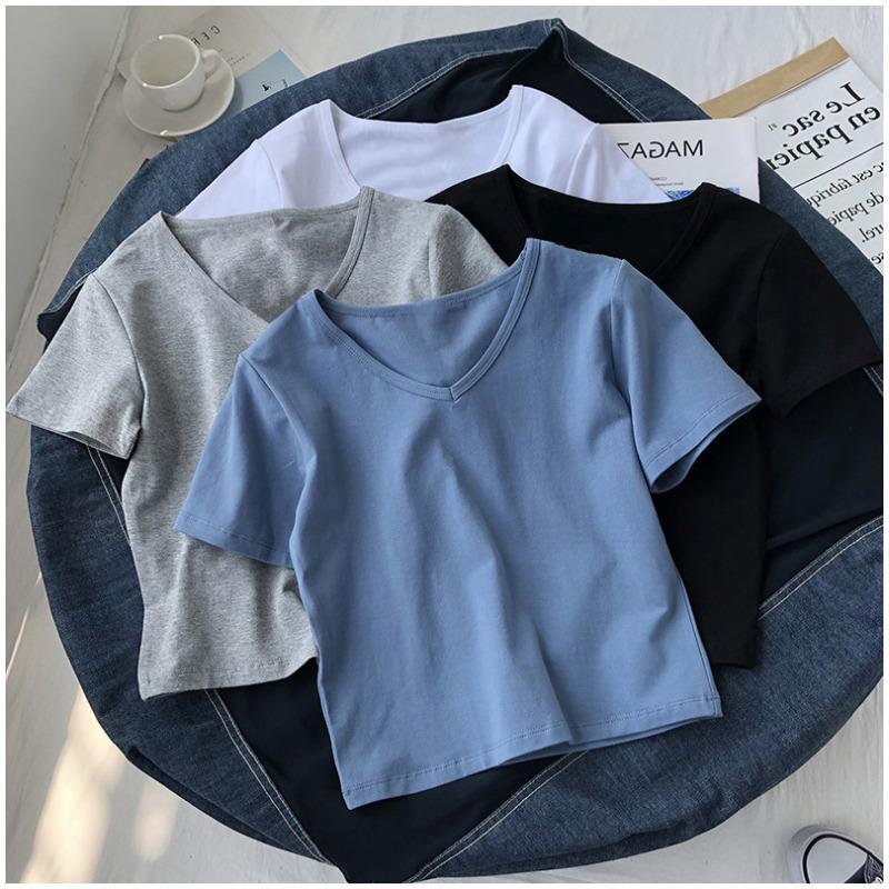 Skinny Short-sleeved V-neck Solid-color Short T-shirt for Women's Summer Thin High-waisted Navel Top for Women