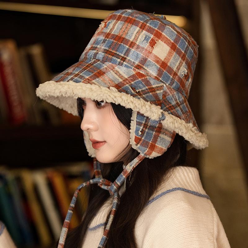 Winter Hat for Women Japanese Retro Thickened Fisherman Hat Plaid Windproof Warm Ear Protection Hat Casual Versatile Plush Hat
