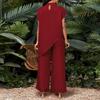 Women's Two Piece Set Short Sleeve High Neck Top with Asymmetric Hem and Wide Leg Long Pants Casual Outfit for Daily Wear