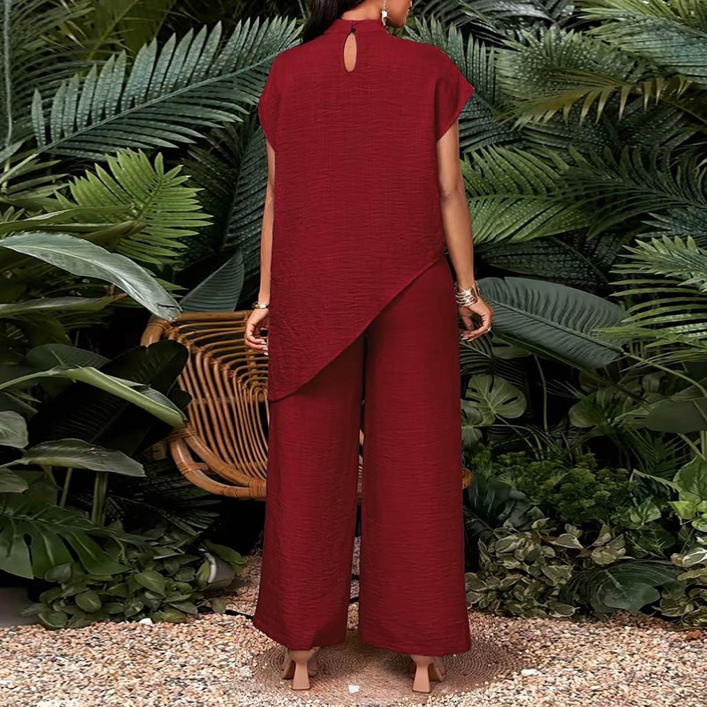 Women's Two Piece Set Short Sleeve High Neck Top with Asymmetric Hem and Wide Leg Long Pants Casual Outfit for Daily Wear