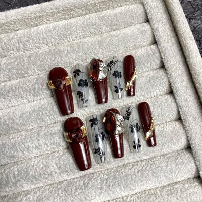 HANDMADE Artificial Nail Cherry Color Chinese Style Blooming Phototherapy Nails Fake Nails Reusable and Removable Nails