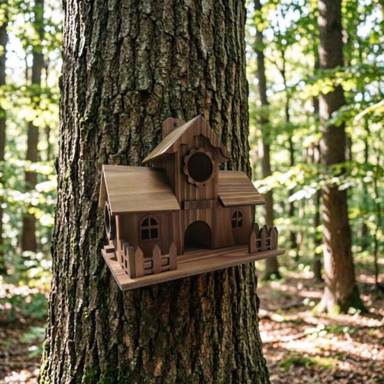 Bird House for Outside Wooden Birdhouse with Perch Platform Four-Hole Rustic Bird House Fits Bluebirds Canaries Cardinals for Garden Backyard
