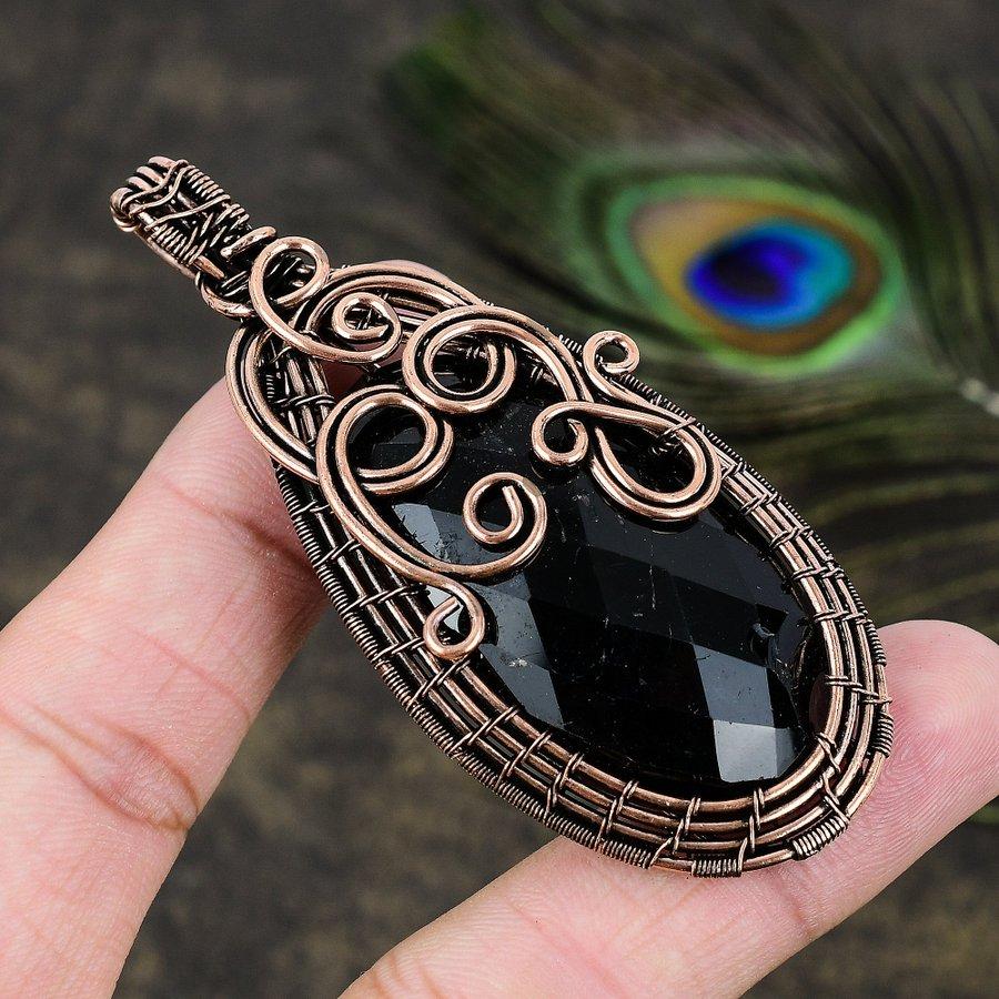 Black Spinel Handmade Copper Wire Wrap Jewelry Pendant 3.15 Q3n76