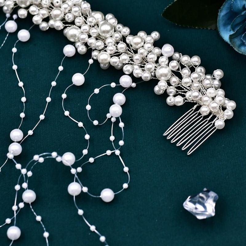Elegancki Grzebień do Włosów z Perłami dla Panny Młodej Frędzle Koraliki Ślubne Akcesoria do Włosów Biżuteria Damska Wianek do Włosów Długa Opaska Opaski do Włosów