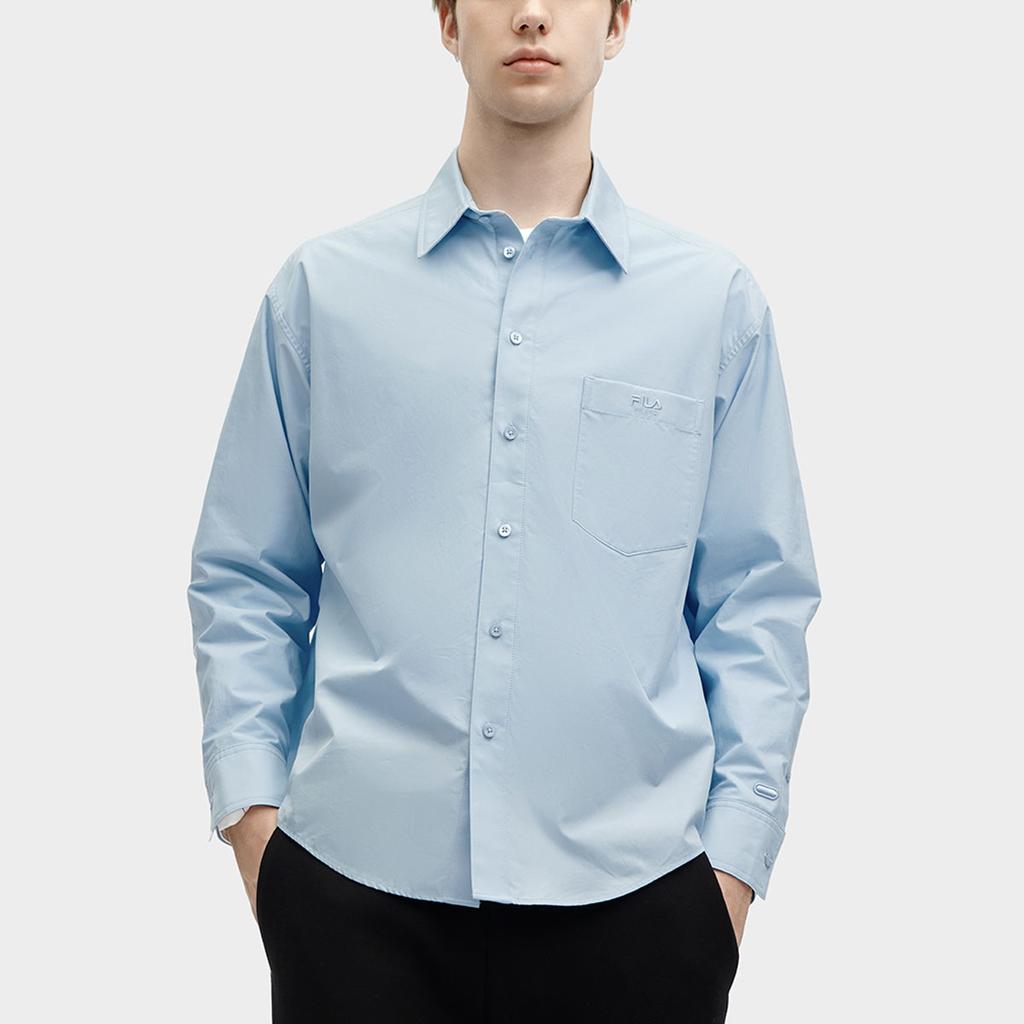 Fila Solid Woven Fashion Casual Long Sleeve Shirt Unisex Shirts Bian-Blue F11U415401F-BU