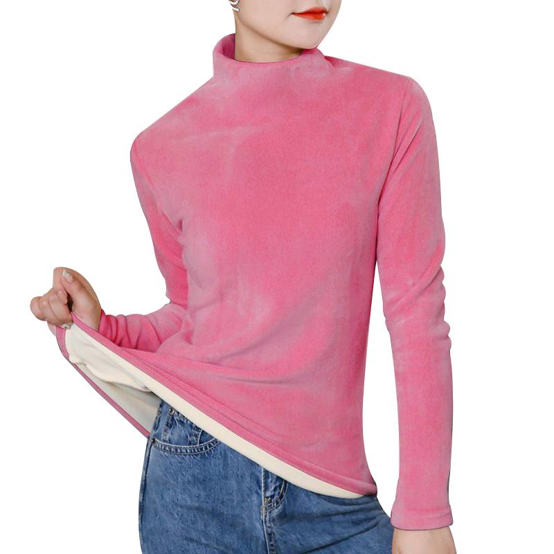 Dicke warme Basic-T-Shirts aus weichem Samt für Damen, Herbst und Winter, halber Rollkragenpullover, Basis-Tops, lässig, langärmelig, schlanke Velours-T-Shirts