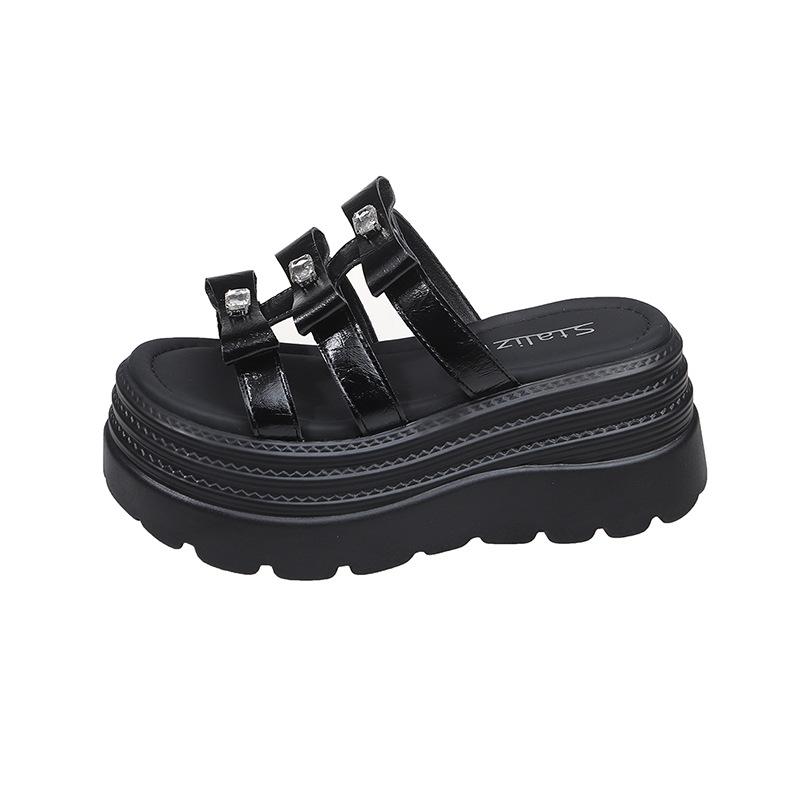 

Rhinestone sandals fairy fashion slippers women wear 8cm thick bottom and height increase one-word slippers in summer 39 чёрный