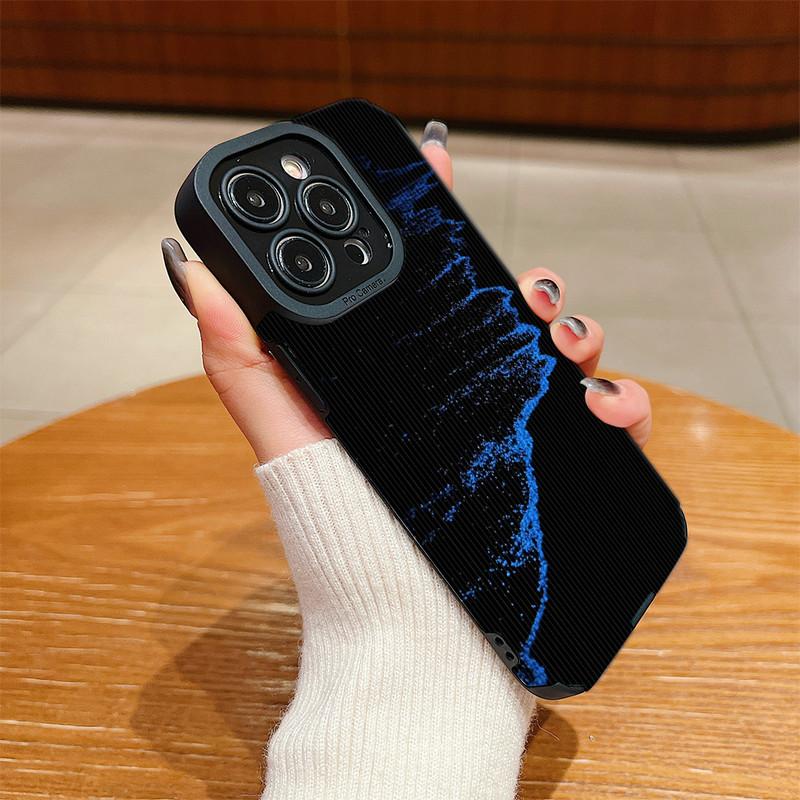 Vertical Grain Leather Shell Flashlight Blue Sea Printed Patterned Shockproof Soft Silicone Case with Camera Lens Full Protection for iPhone