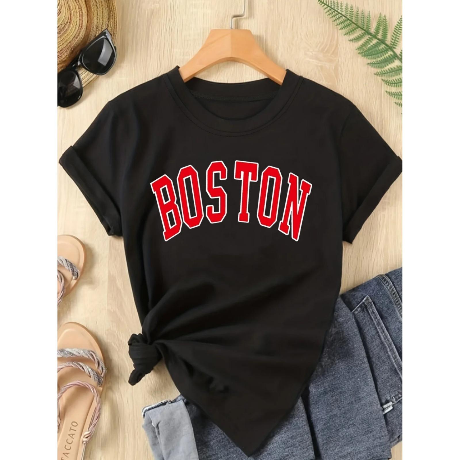 Casual Top for Summer & Spring Women s Clothing Letter Print T-shirt Short Sleeve Crew Neck S