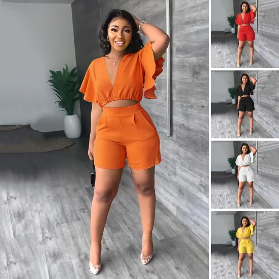 

2 шт./компл., повседневная одежда с глубоким v-образным вырезом, рюшами и короткими рукавами, карманами, женские однотонные укороченные топы и шорты, комплект