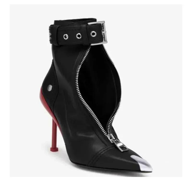 Women Red Pointed Toe High Heel Ankle Boots Metal Decoration Front Zipper Belt Buckle Fashion Short Boots For Autumn Winter
