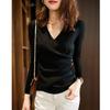 Autumn Winter Knitted Wrapped V-neck Long Sleeve Sweater Slim Fit Women Office Pleated Knitted Sweaters Casual Simple Basic Versatile Top