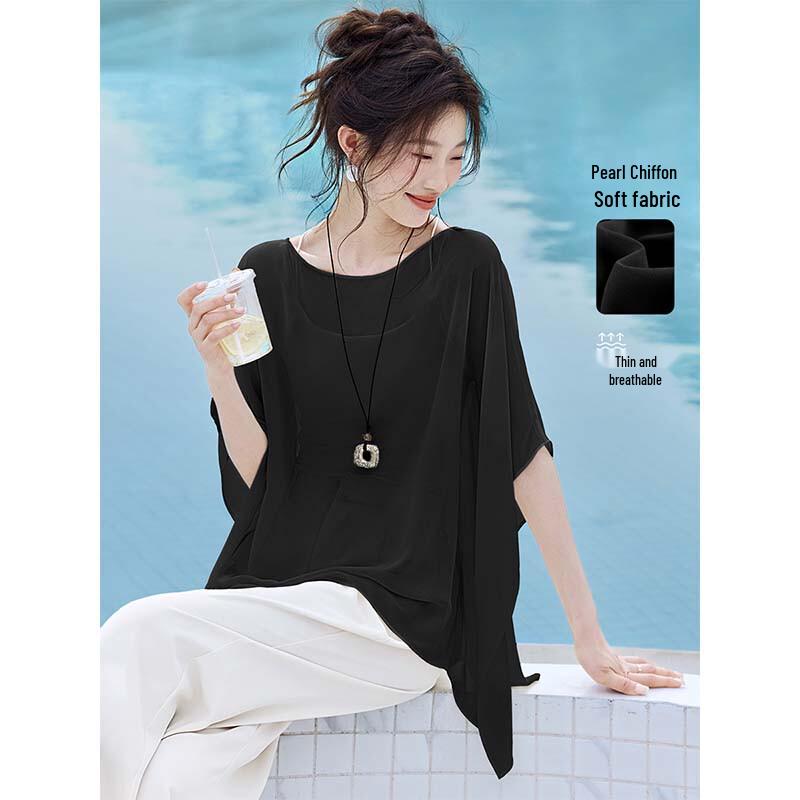 

Women s Loose Round Neck Draping Cape Blouse S
