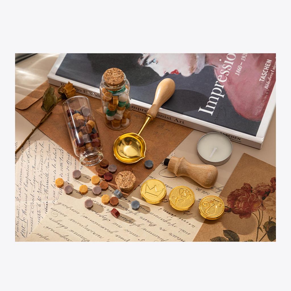Wax Seal Stamp Kit with 3pcs Seal Stamp and 2 Bottle of Wax Beads Spoon Candle for Christmas Vintage Envelopes Letters