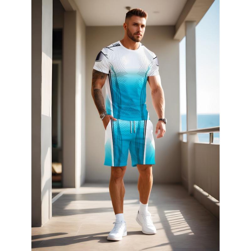 Men s new spring and summer 3D digital printing casual sports suits, comfortable and breathable outdoor gifts, short-sleeved and shorts suits S