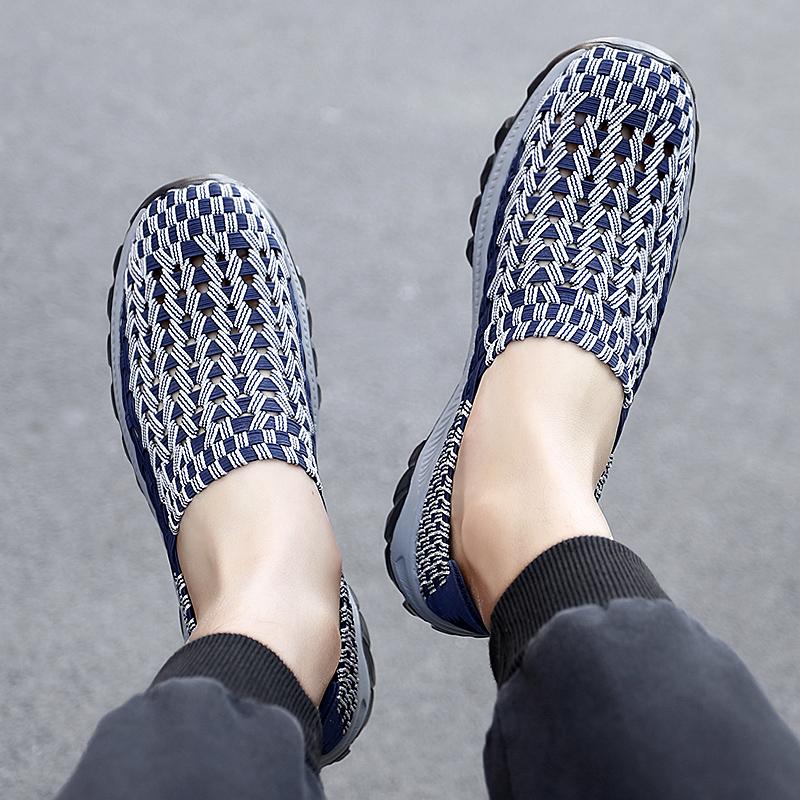 Summer Men Sneakers Braid Beach Shoes Casual Weave Blue Grey Breathable Slip on Flats Tennis Sneakers