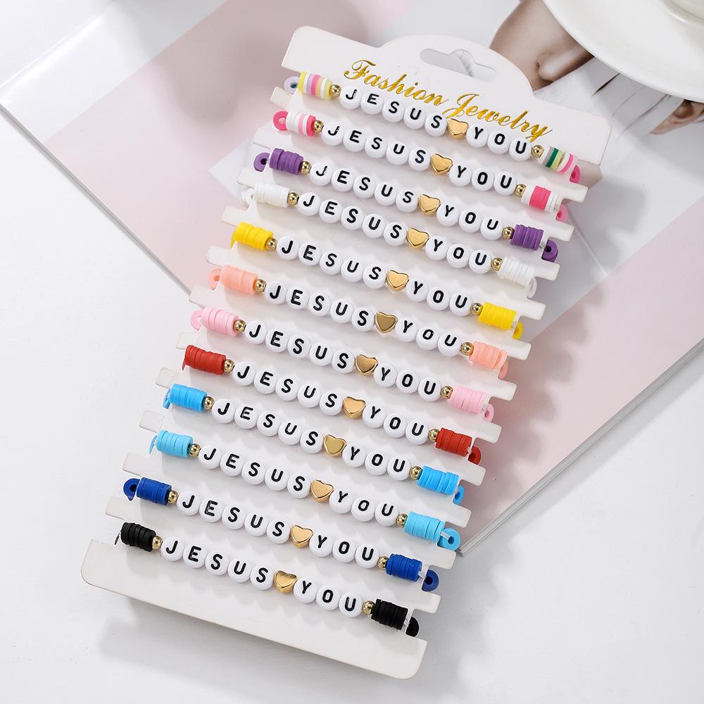 """WWJD"" Buchstaben Polymer Clay Perlen Armband Set": Europäischer/Amerikanischer Stil, 10er-Set Dankbarkeits-Glaubensarmbänder.