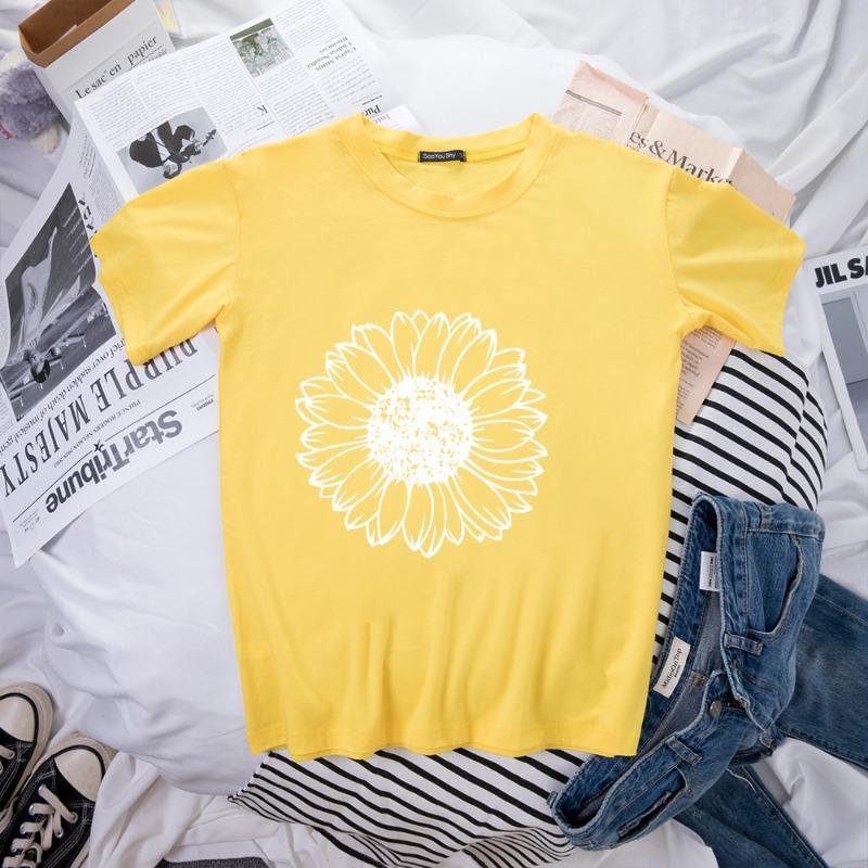 Spring Women's Simple Monochrome Sunflower Pattern Printed Pullover Loose Round Neck Pure Cotton Short Sleeved T-Shirts Women’s
