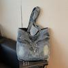 Vintage Denim Tote Bag Multi-Pocket Commuter Shoulder Bag