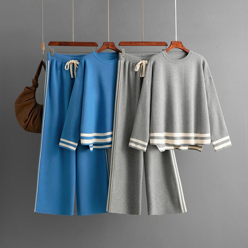Fashion Suit Women's Autumn And Winter Knitted Round Neck Loose Fitting Pullover Sweater Wide Leg Pants Two-piece Set