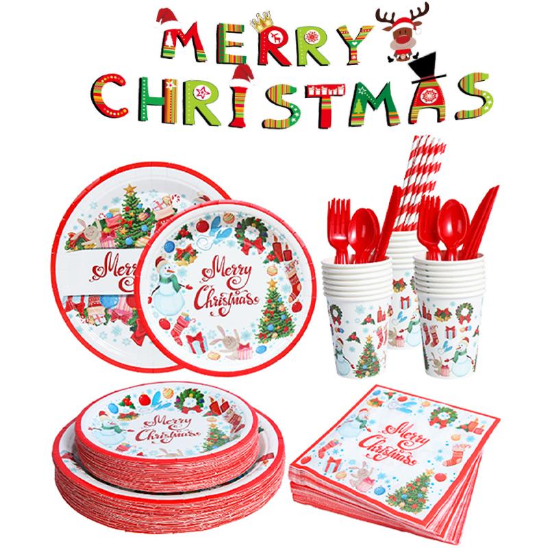 Christmas Santa Merry Claus Banner Paper Tray Paper Cup Table Cloth Accessories