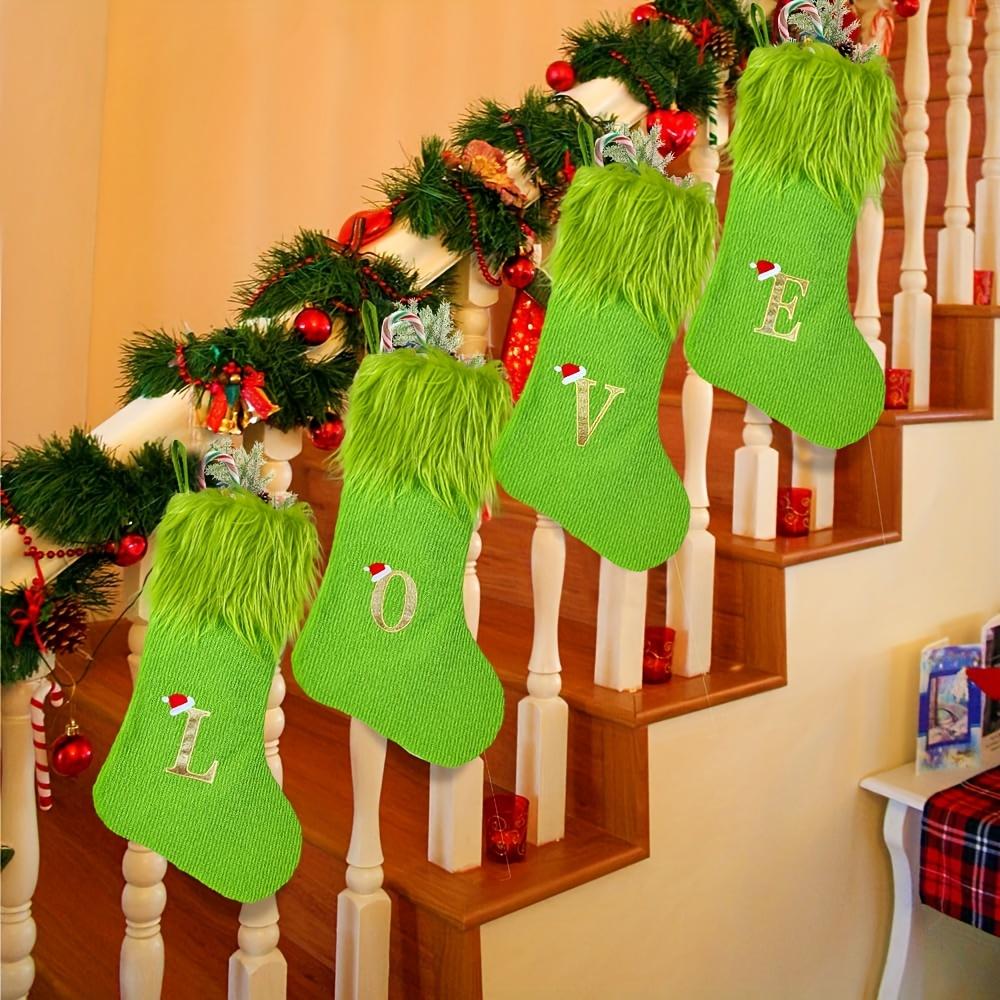 1pc Green Christmas Stocking with Velvet Cuff and Embroidered Initial Holiday Mantel Decoration, Christmas and New Year Gift Bag
