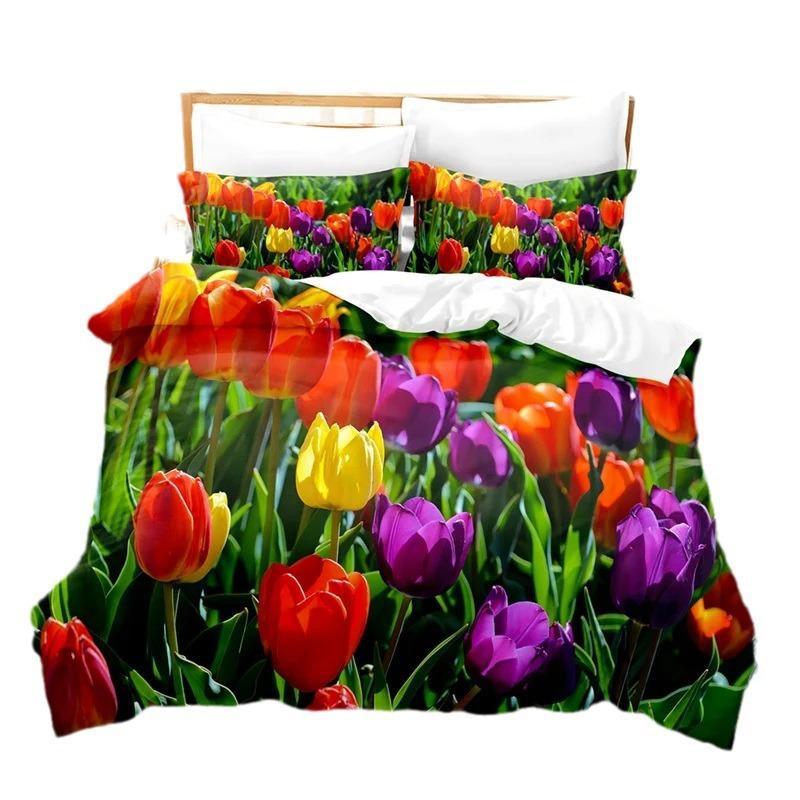 Color Tulip Pattern Bedding Set Down Duvet Quilt Cover Set 3D Digital Printing Quilt Cover Three-piece Set
