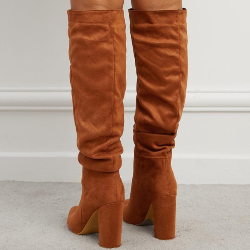 Fall Pleated Tall Boots Fashion Pointed Toe Suede Sleeve Soft Sole Non-Slip Wear-Resistant High Heels