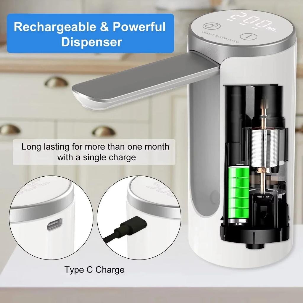 Wireless Electric Water Pump USB Rechargeable Silent - One-Touch Automatic Dispenser Food Grade Leak-Proof for 2-5 Gallon Buc