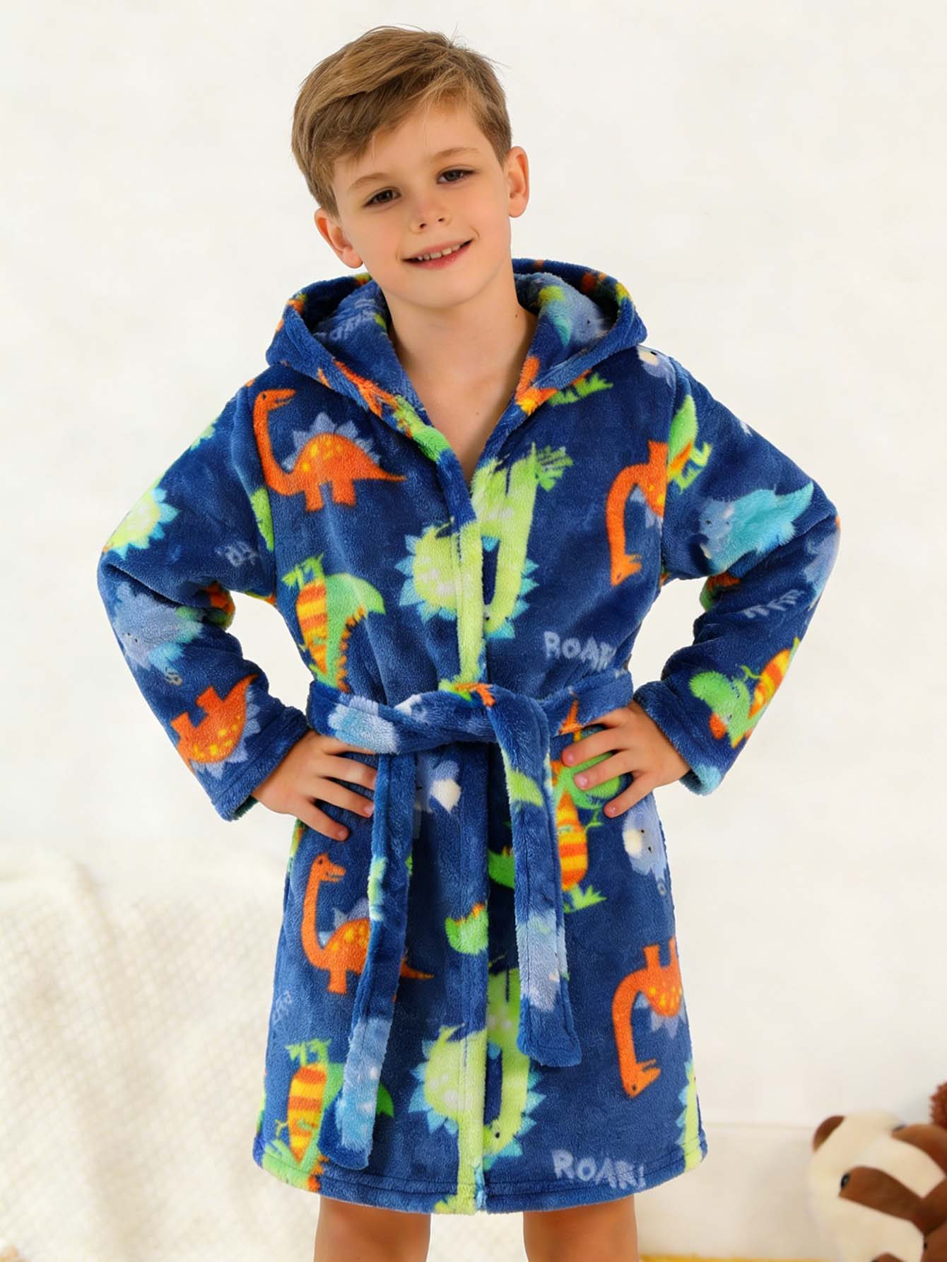 

Boys Double-sided Blue Flannel Long Sleeve Pajamas,Soft Hooded Dinosaur Cartoon Bathrobe for Kids,Sleepwear Robe 2-8 Years 7-8Y