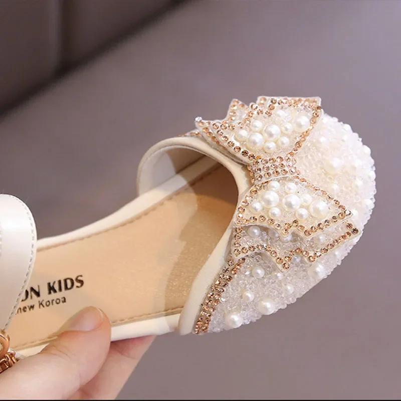 Girls Sandals Fashion Princess Shoes Spring Summer Bling Pearl Sequins Flat Sandals Simple Children Shoes Party Wedding I03201