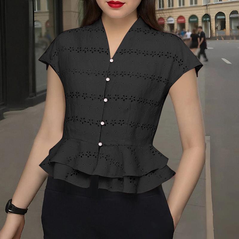 

ZANZEA Женская повседневная блузка с V-образным вырезом, коротким рукавом, ажурной вязкой и лоскутным узором 4XL чёрный