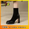 Waterproof table thick heel square head suede short boots Korean version small black thin high heel Martin boots 2025 autumn and winter