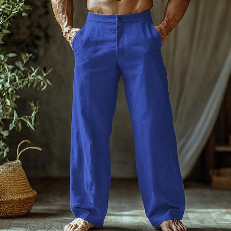 Men's Linen Summer Beach Trousers Buttoned Slanted Pockets Straight Leg Design Solid Colour Comfortable Breathable Long Trousers