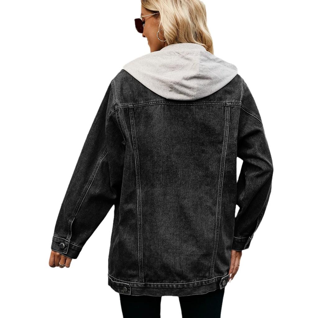 Mittelange Vintage Klassische Jeansjacke, Damen Frühling und Herbst Neu Streetstyle Mode Locker Abnehmbare Kapuze Jeansjacken