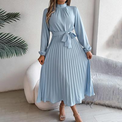 Rochie lungă de damă toamnă-iarnă, cu guler înalt, mânecă lungă, talie înaltă, linie A, plisată, culoare uni, mărimi S până la XXXL