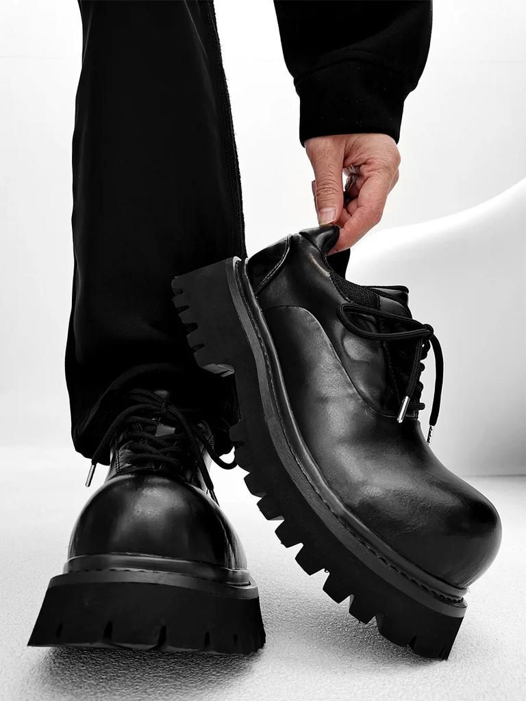 Round Toe Derby Men's women Thick Bottom Extra Height Black Leather Shoes High-Grade British Ins Big Head Shoes