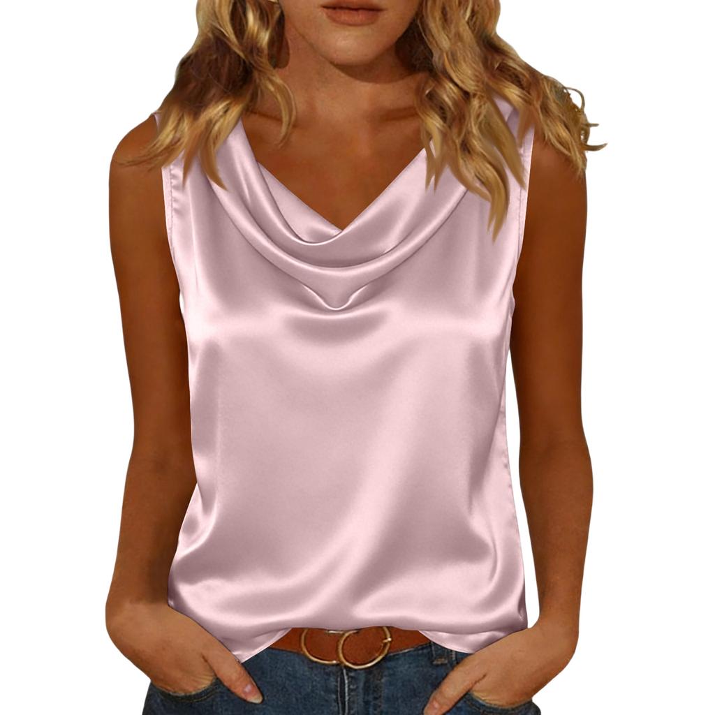Women’s Satin Sleeveless Cowl Neck Top Loose Fit Elegant Blouse Soft Lightweight Drape Neckline Shirt for Daily Wear