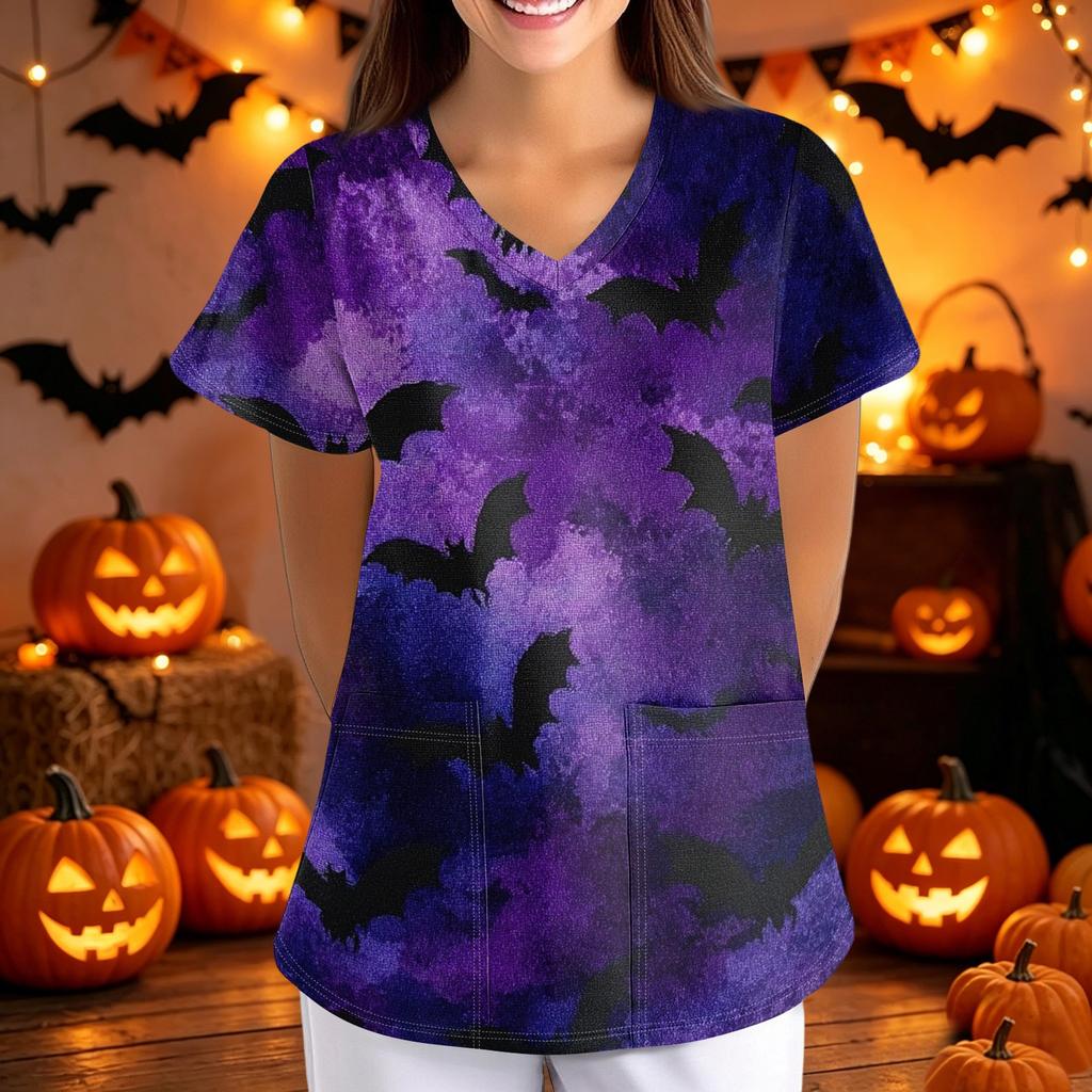 Women V Neck Loose Fit Printed Short Sleeve Top with Pockets Halloween Themed Bat and Cloud Pattern Comfortable Scrub Shirt