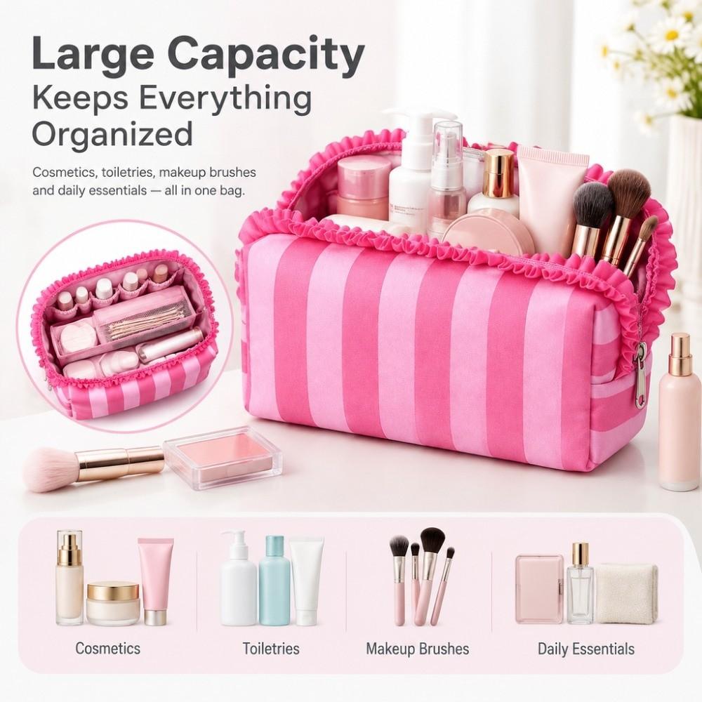 Large Capacity Cosmetic Bag Ruffle Travel Pouch Multipurpose Storage Bag Daily Use