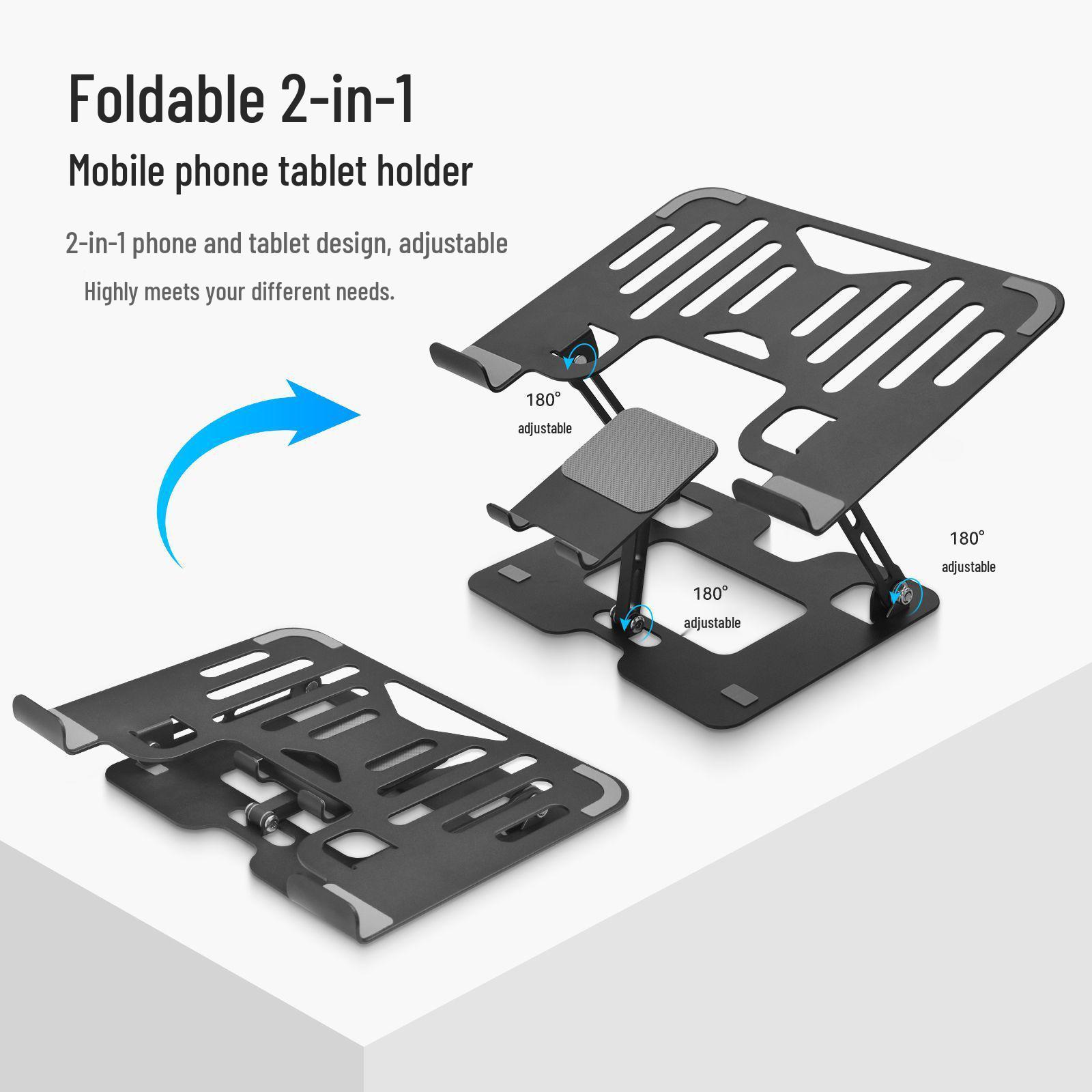 2-in-1 Folding Laptop & Phone Stand - Adjustable, Heightening, Vertical Cooling, Carbon Steel for Office Use